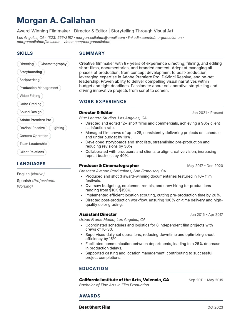 Documentary Filmmaker Resume Example