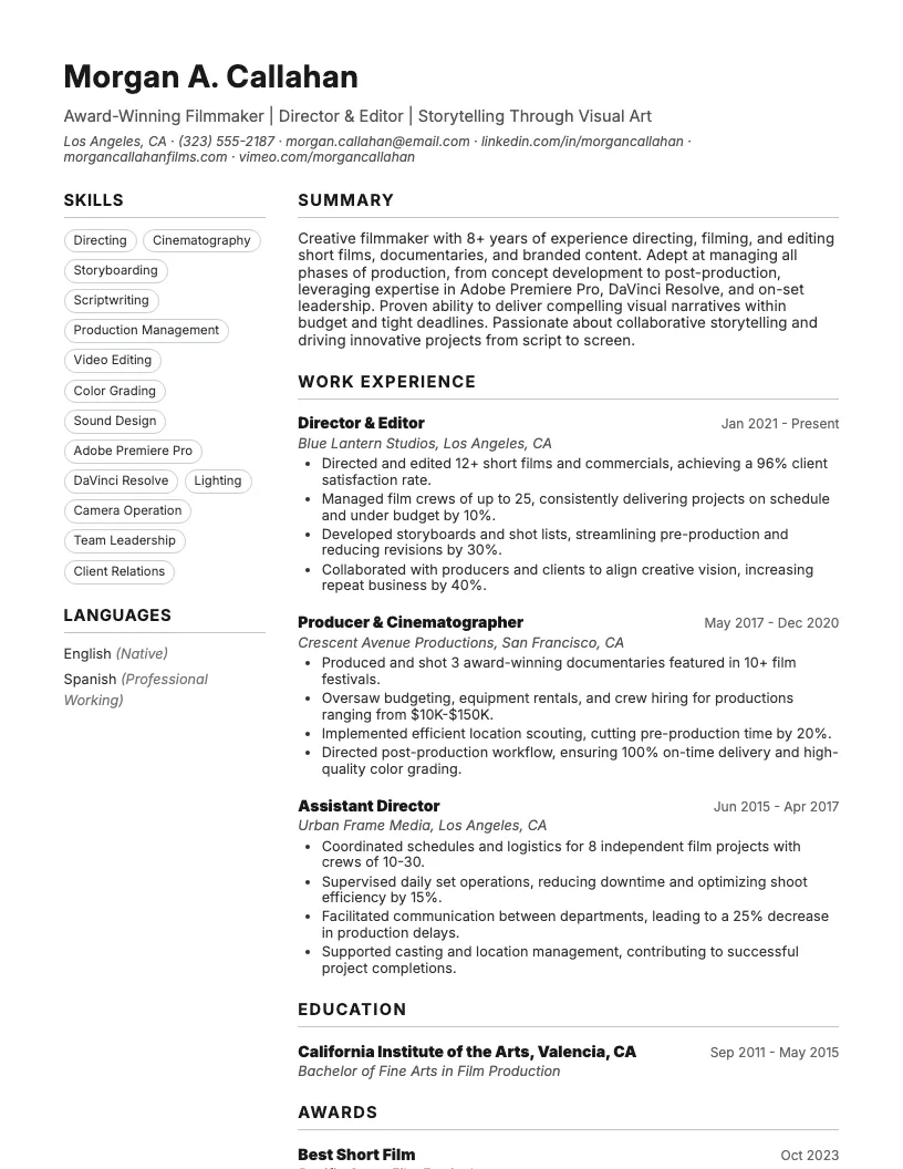 Filmmaker Resume Example