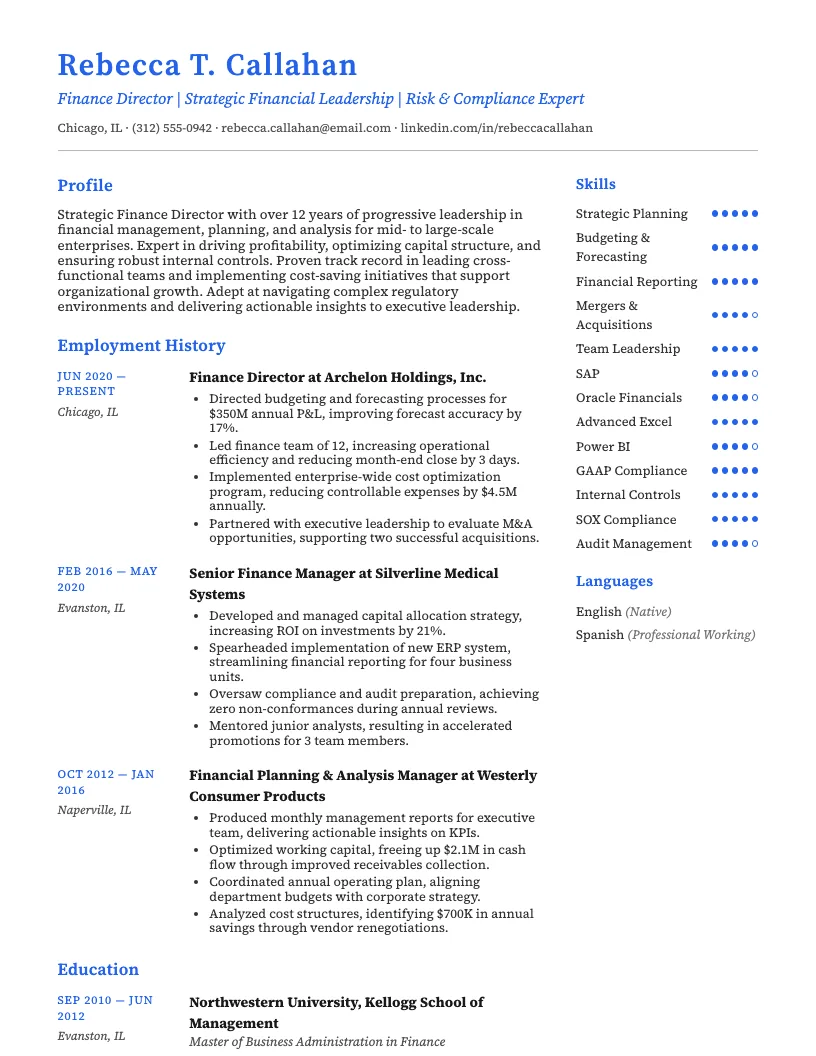 Finance Director Resume Example