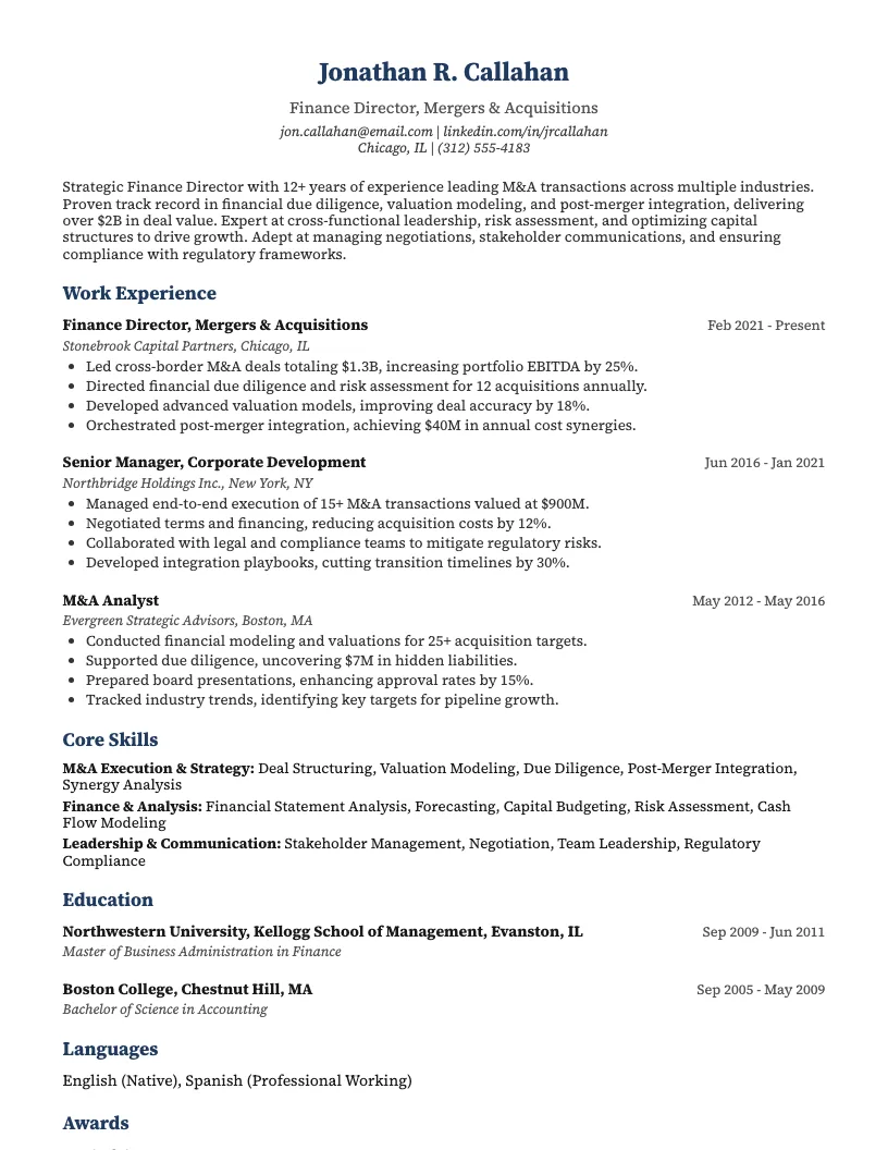 Finance Director - Mergers & Acquisitions Resume Example