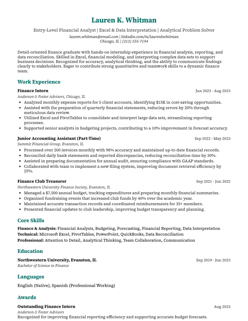 Recent College Graduate Finance Resume Resume Example
