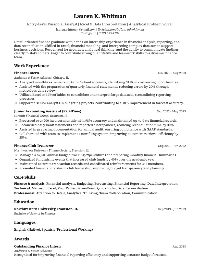 Finance Entry Level Resume Example