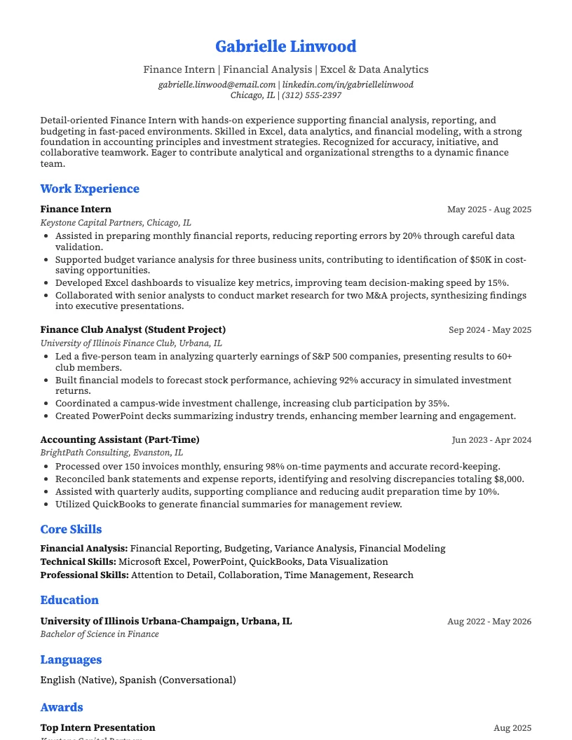 Finance Intern Resume Example