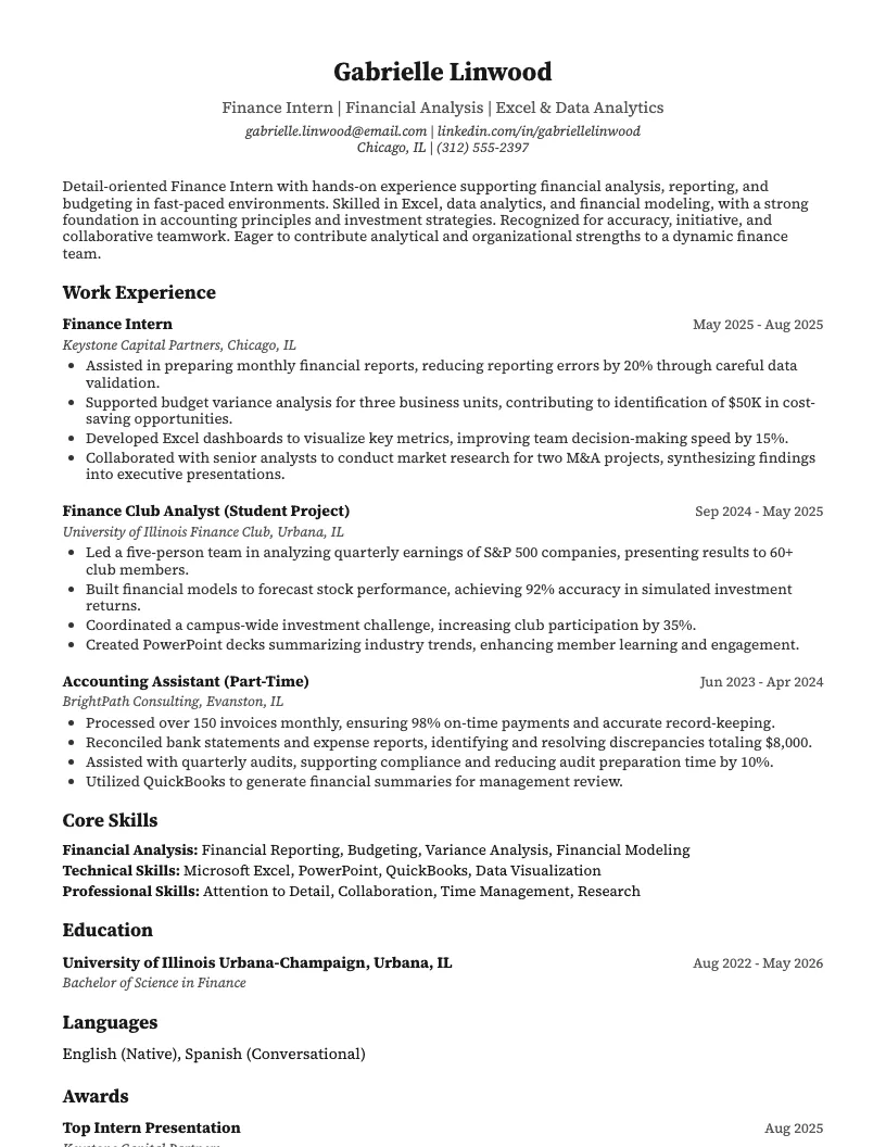 Finance Intern Resume Example