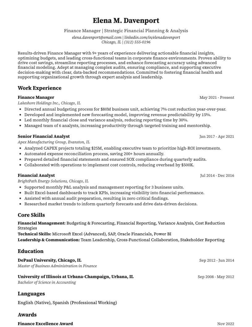 Finance Manager Resume Example