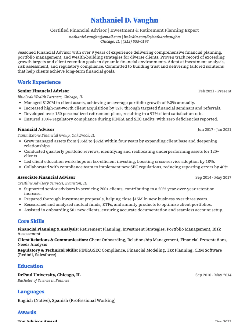 Financial Advisor Resume Example