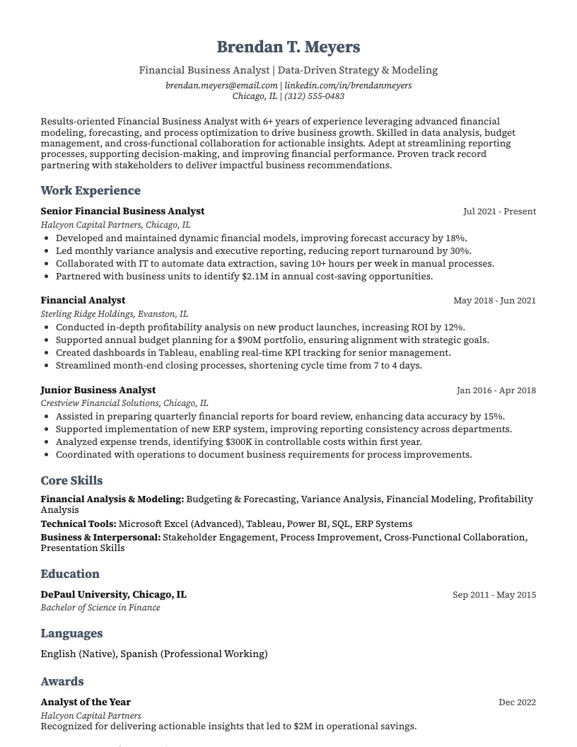 Financial Business Analyst Resume Example