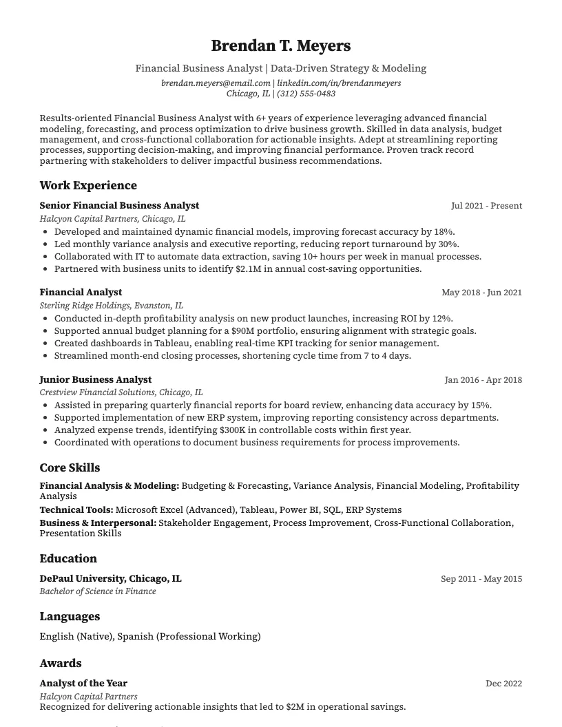 Financial Business Analyst Resume Example