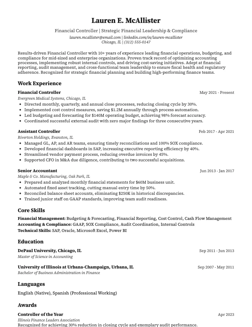 Financial Controller Resume Example
