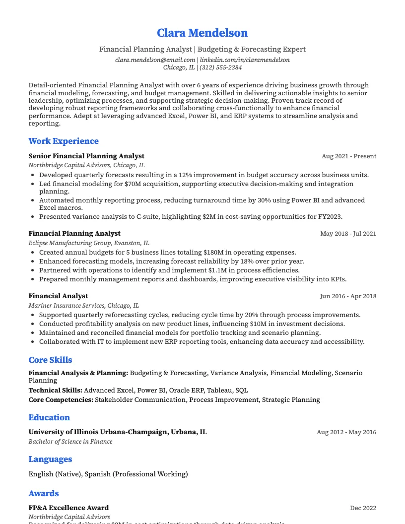 Financial Planning Analyst Resume Example
