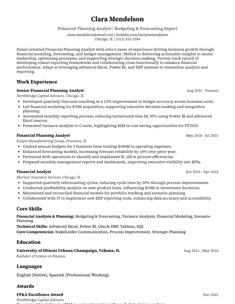 Financial Planning Analyst Resume Example