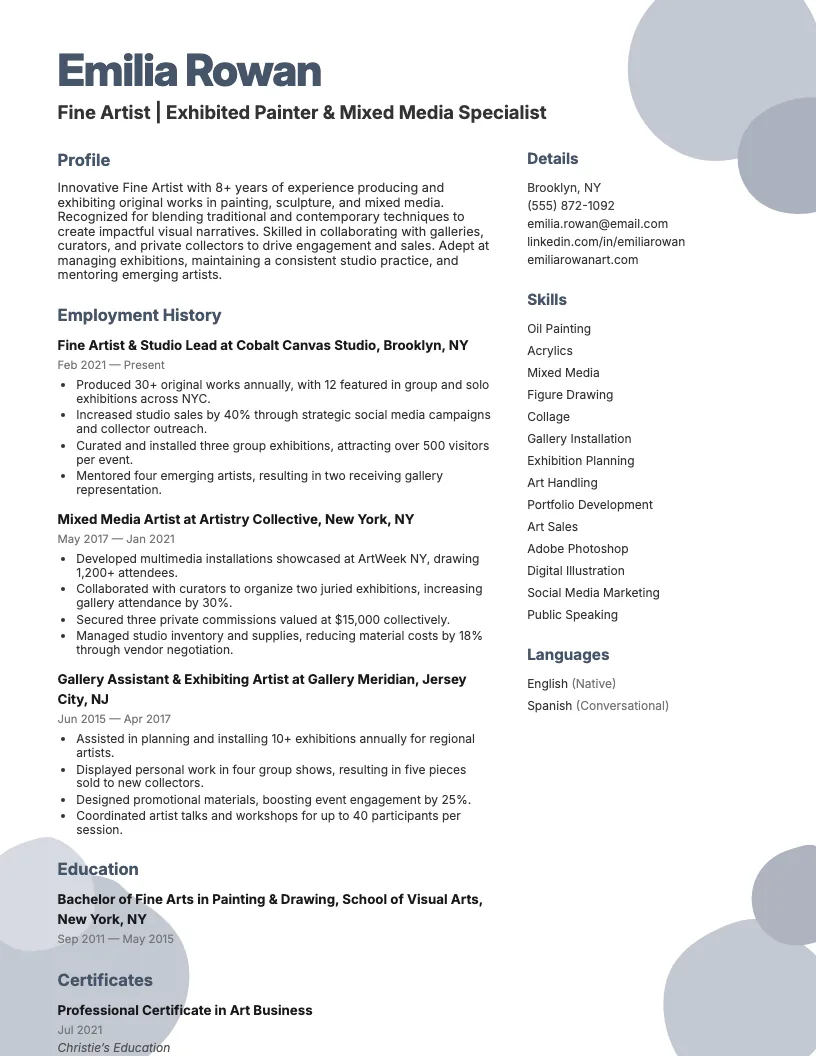 Fine Artist Resume Example