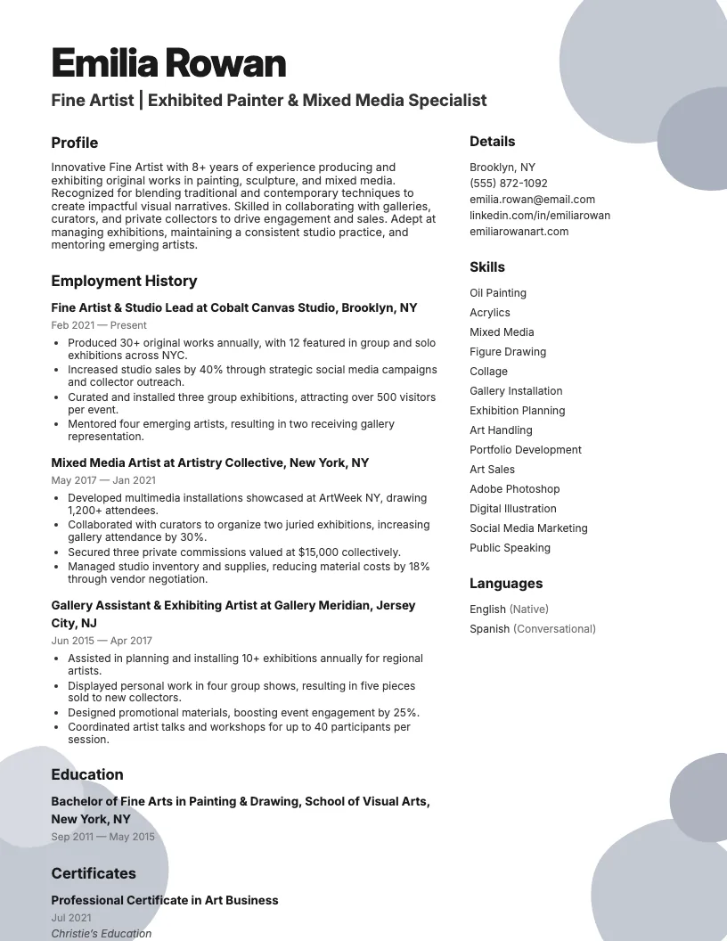 Visual Artist Resume Example