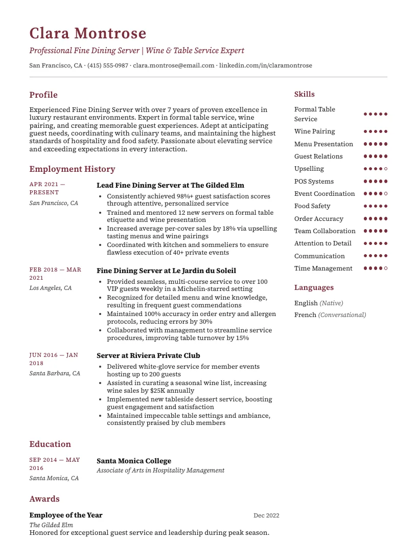 Fine Dining Server Resume Example