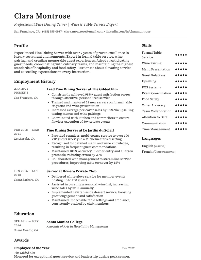 Fine Dining Server Resume Example