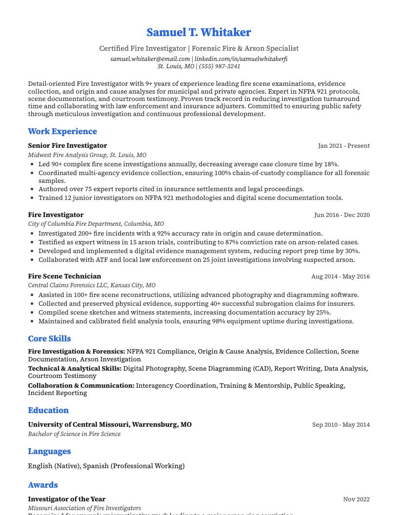 Fire Investigator Resume Example