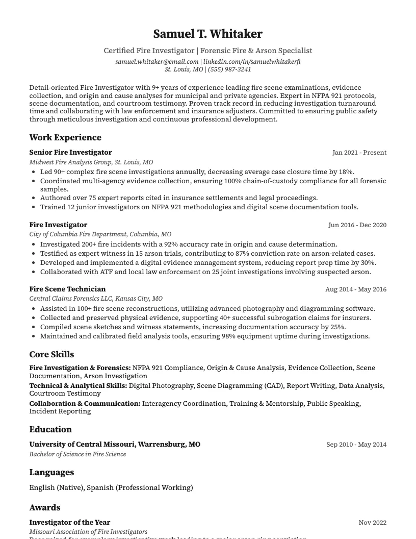 Fire Investigator Resume Example