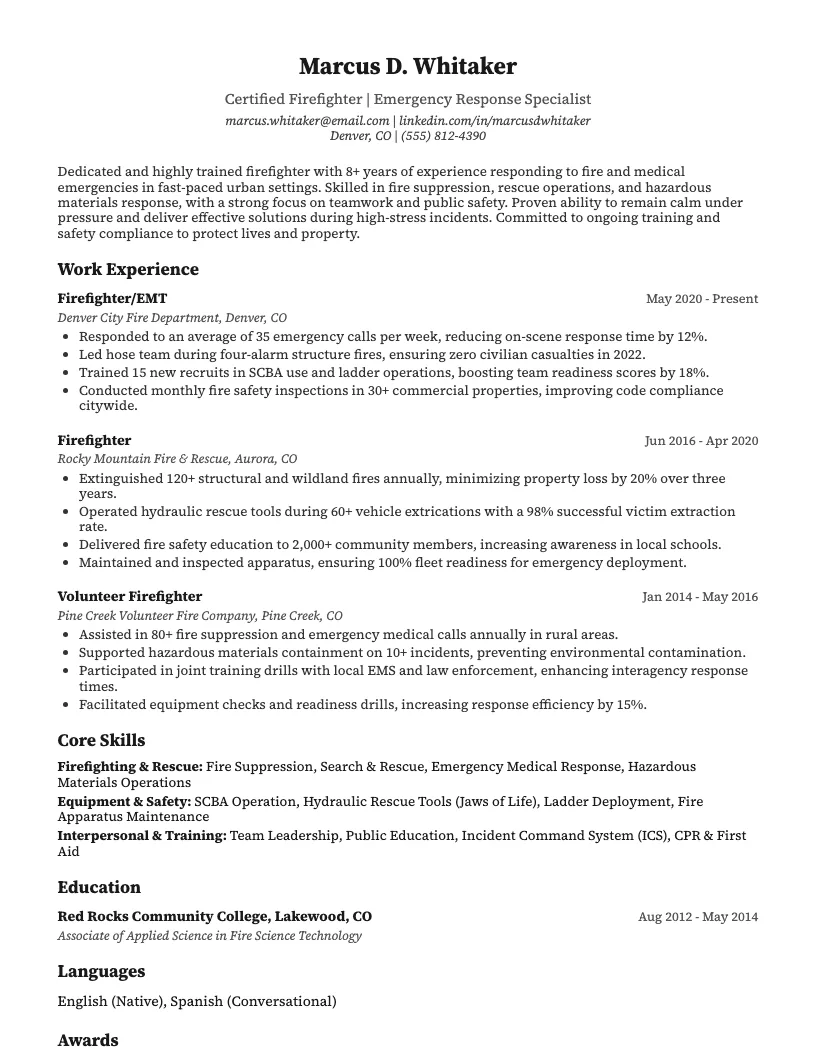 Firefighter Resume Example