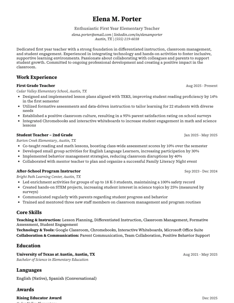 First Year Teacher Resume Example