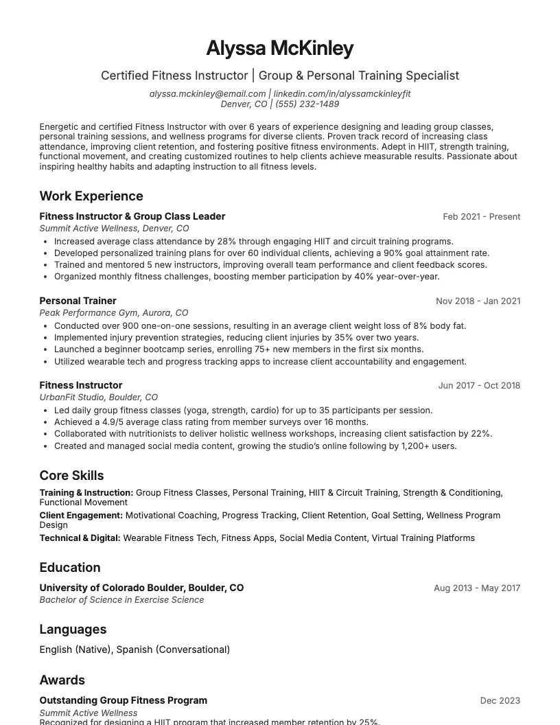 Fitness Instructor Resume Example