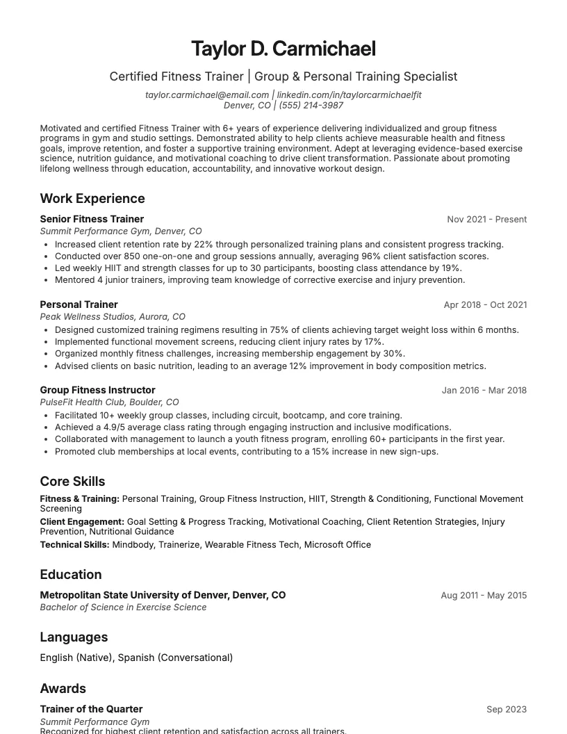 Fitness Trainer Resume Example