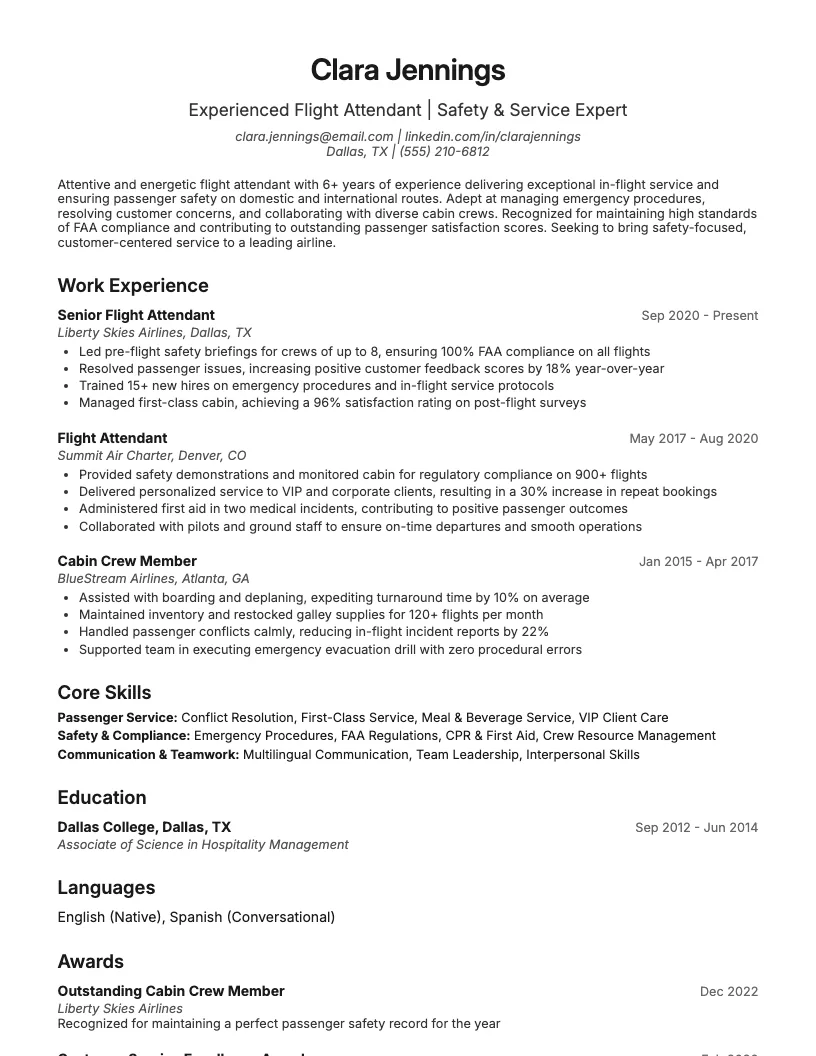 Flight Attendant resume example
