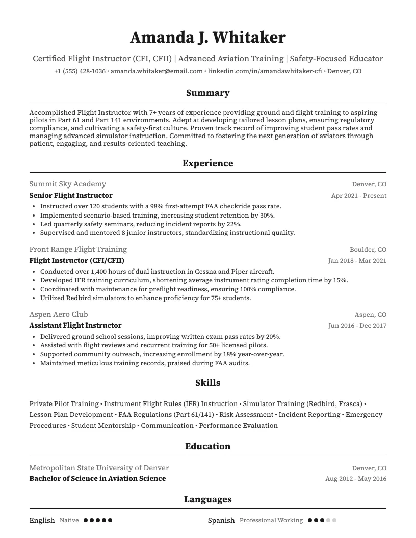 Flight Instructor Resume Example