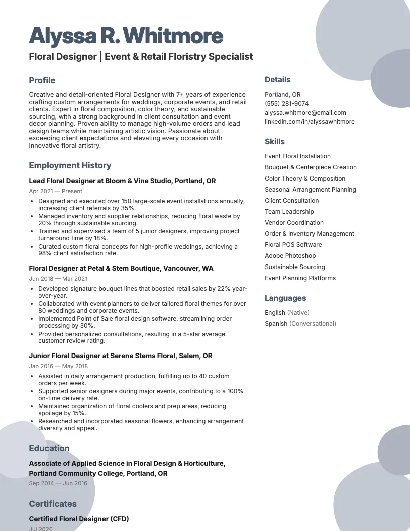 Floral Designer Resume Example
