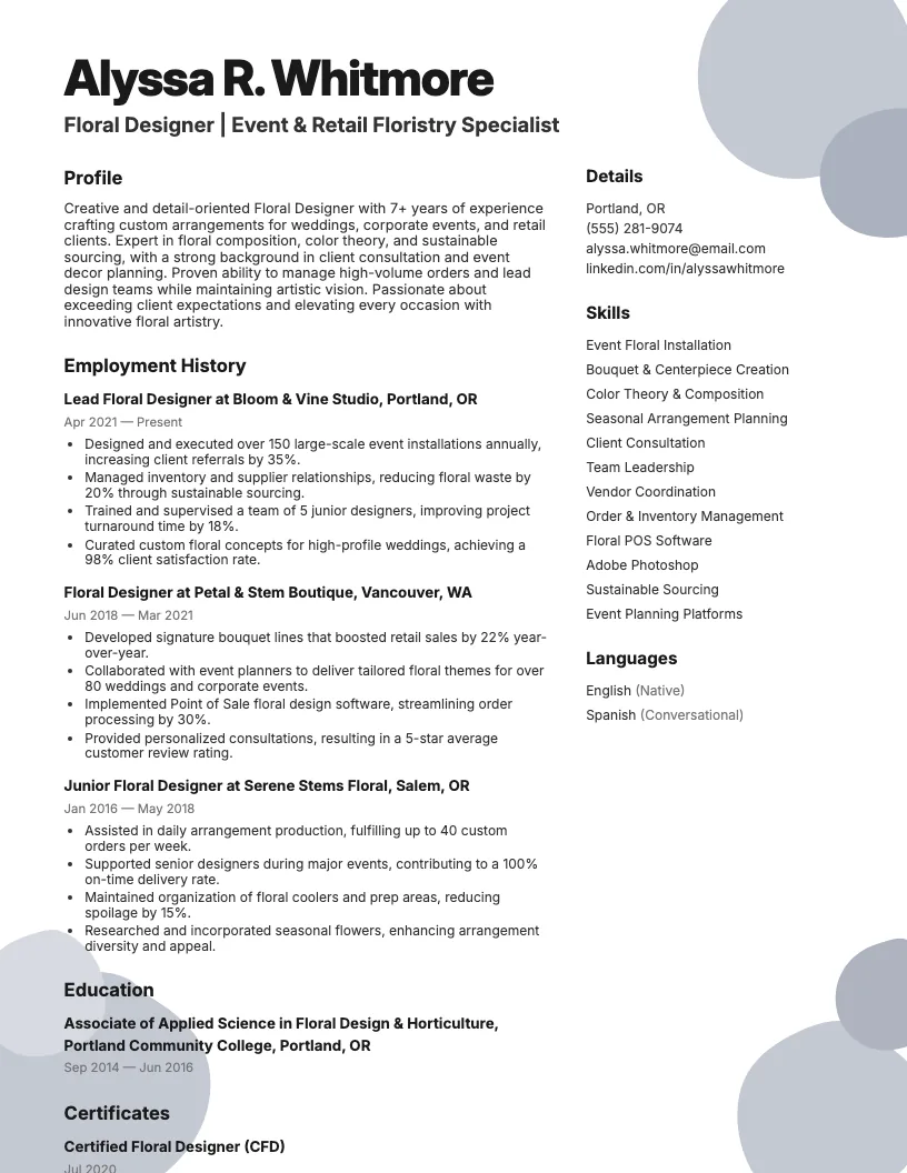 Floral Designer Resume Example