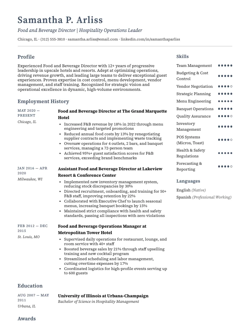 Food And Beverage Director Resume Example