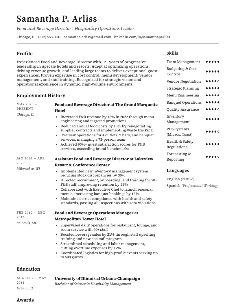 Food And Beverage Director Resume Example