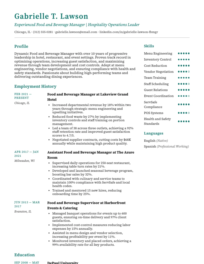 Food and Beverage Manager Resume Example