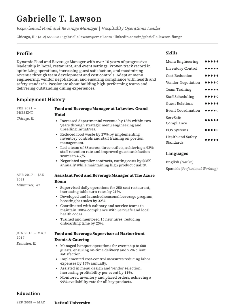 Food and Beverage Manager Resume Example