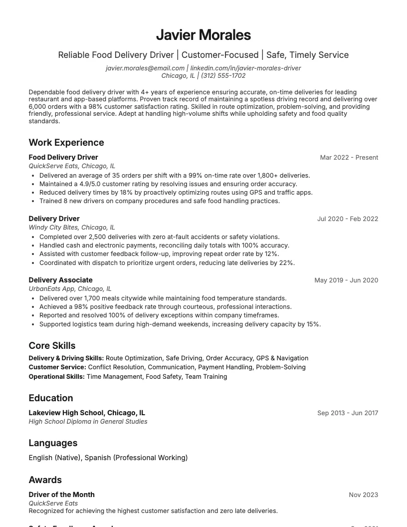 Food Delivery Driver Resume Example