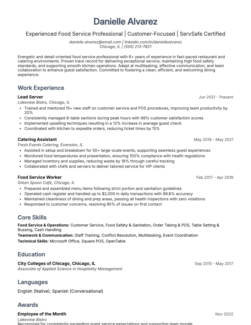 Food Service Dietitian Resume Example