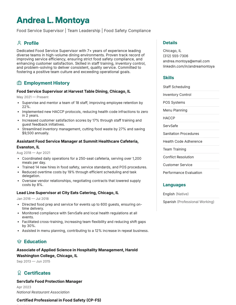 Food Service Supervisor Resume Example