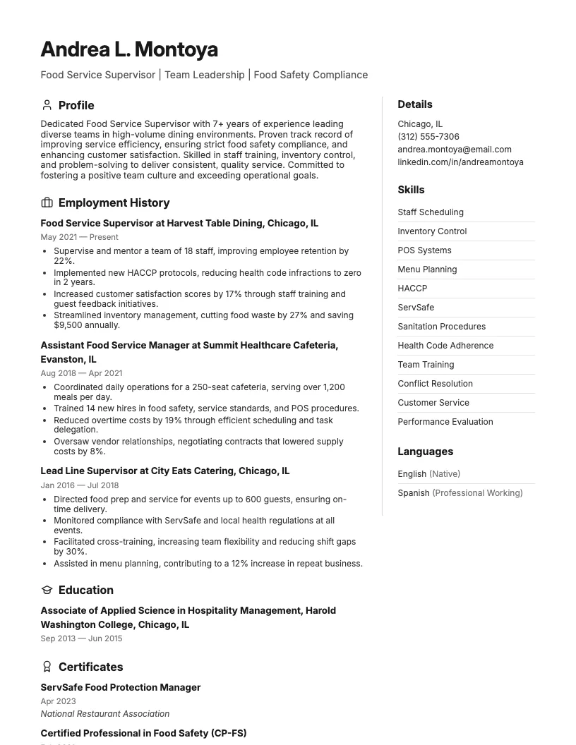 Food Service Supervisor Resume Example