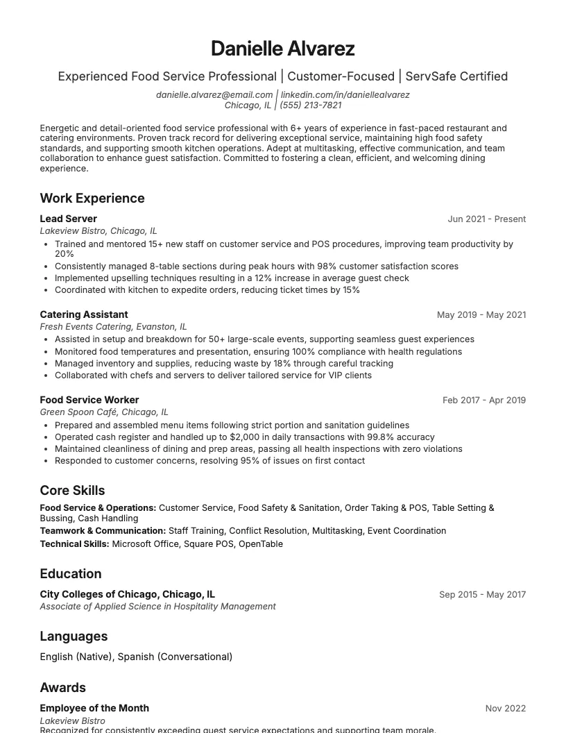 Food Service Resume Example