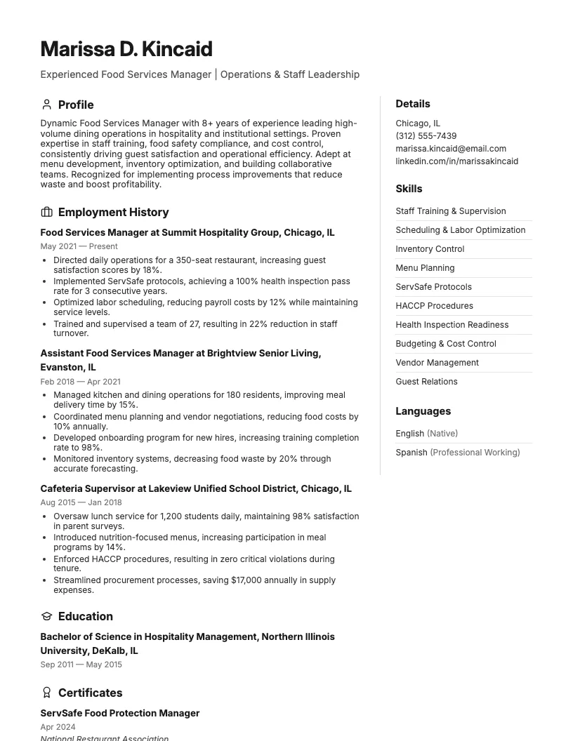 Food Services Manager Resume Example