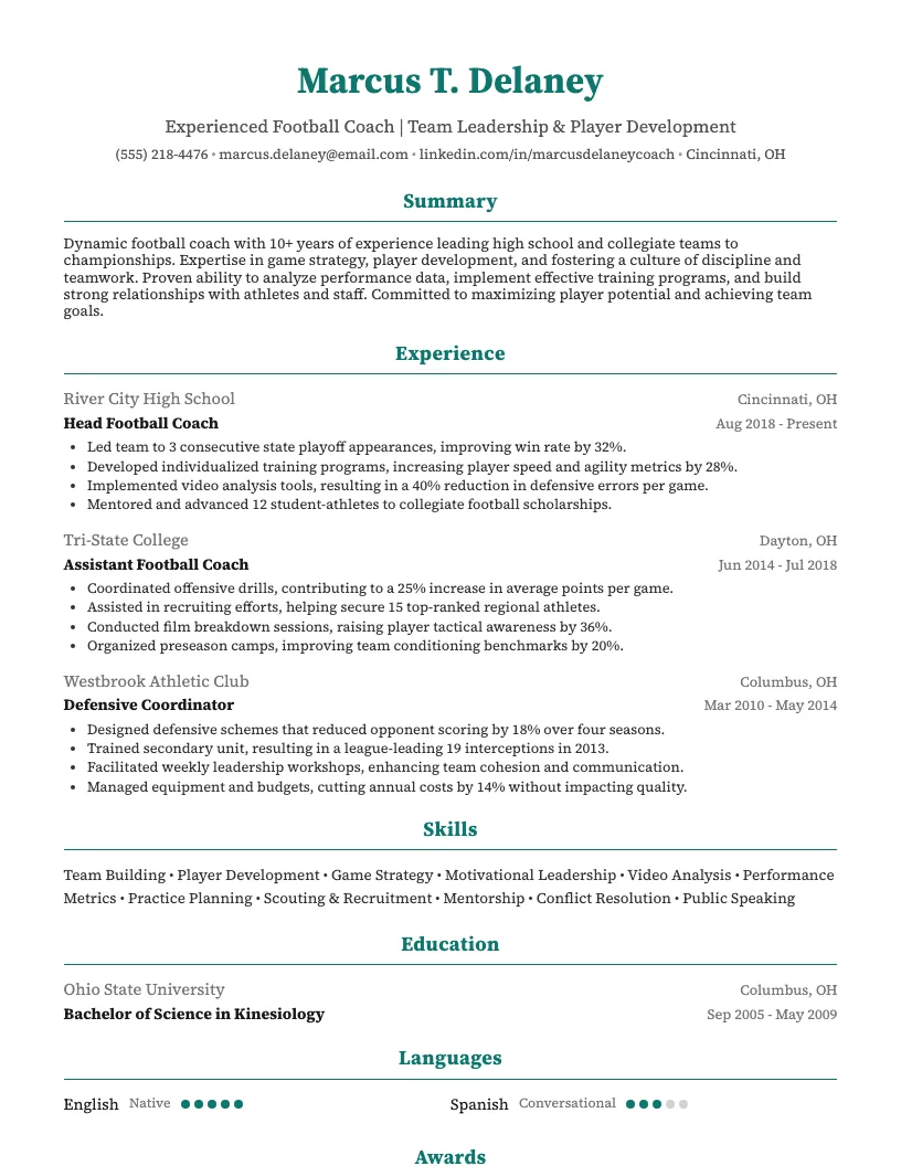 Football Coach Resume Example