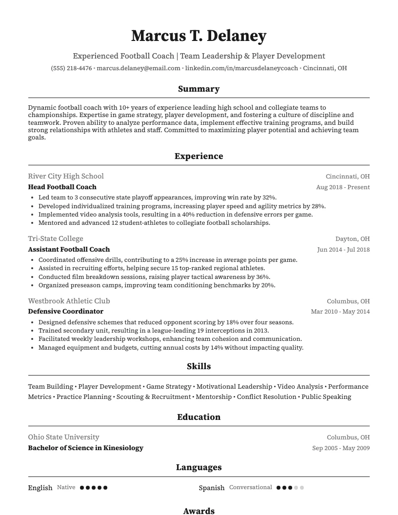 Football Coach Resume Example