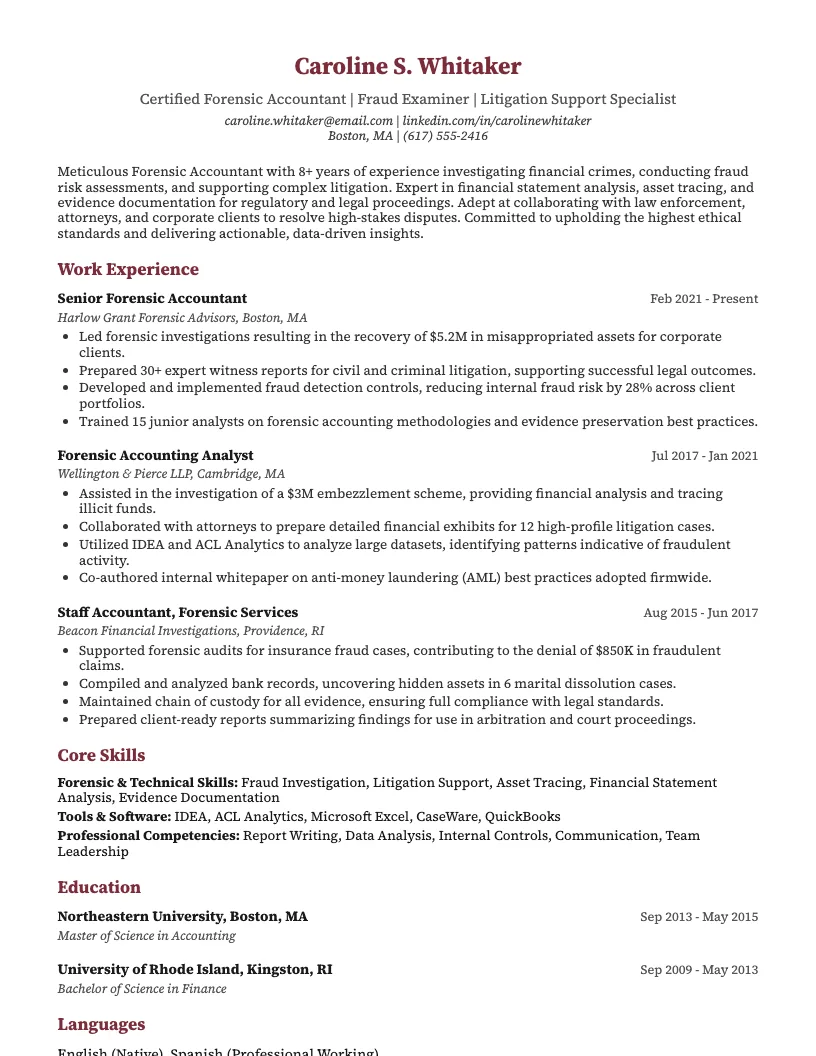 Forensic Accountant Resume Example