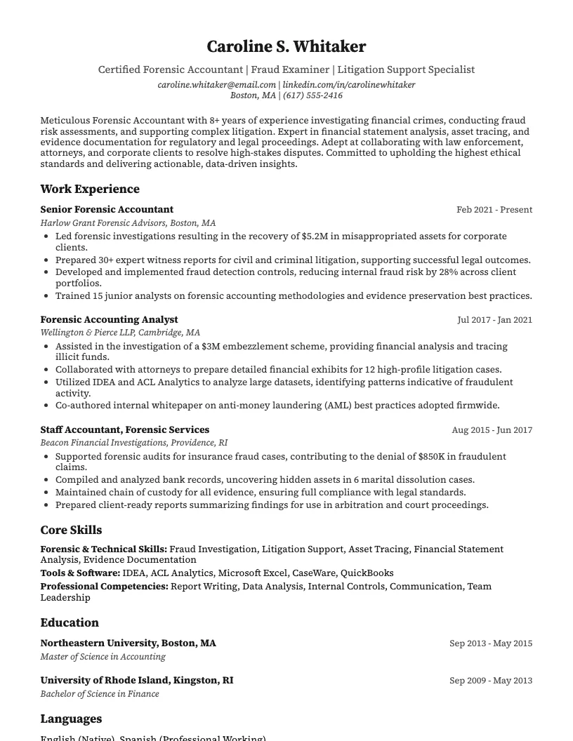 Forensic Accountant Resume Example