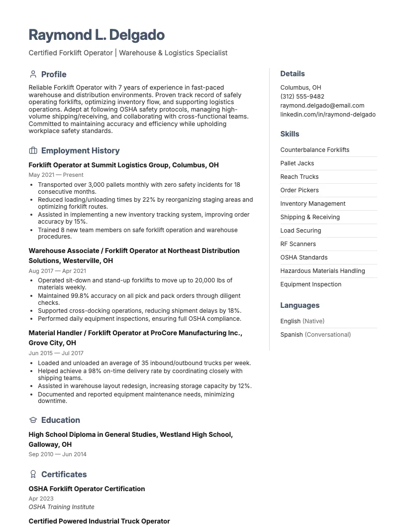 Forklift Operator Resume Example