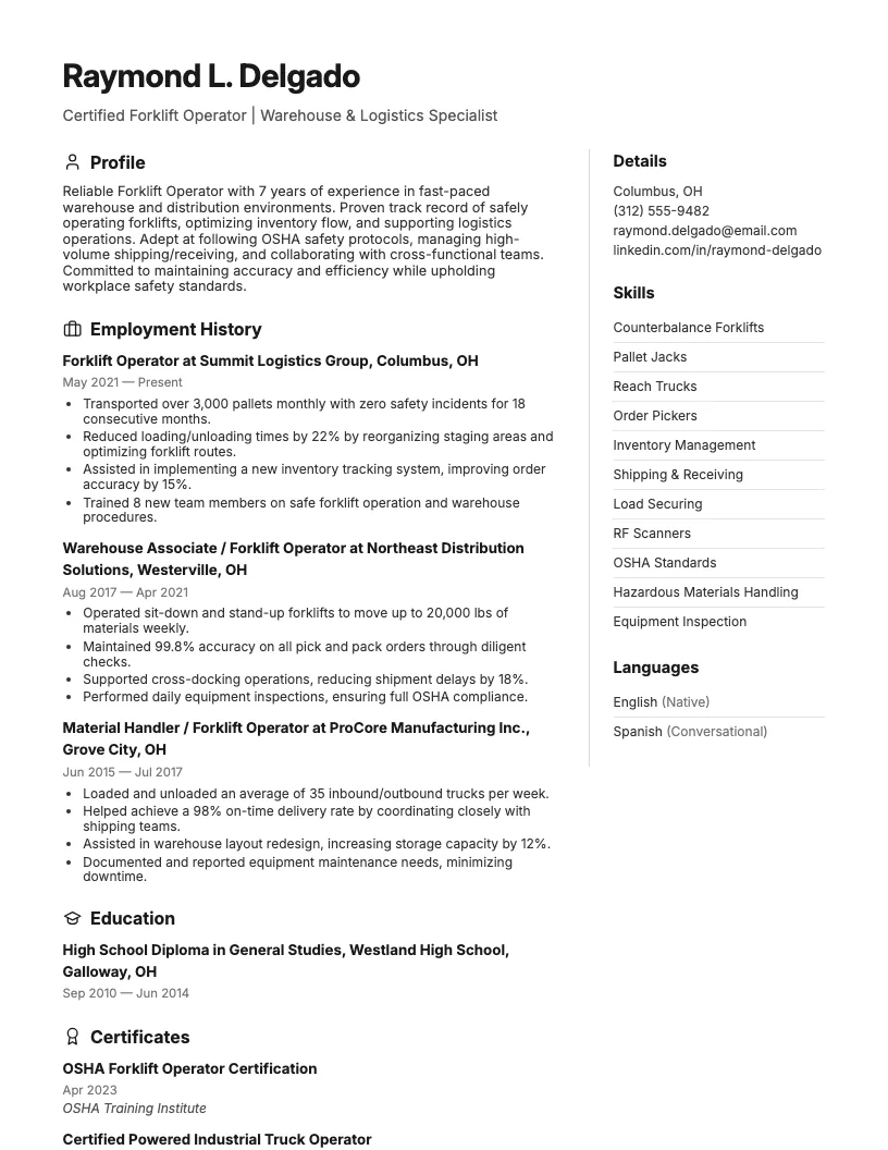 Forklift Operator Resume Example