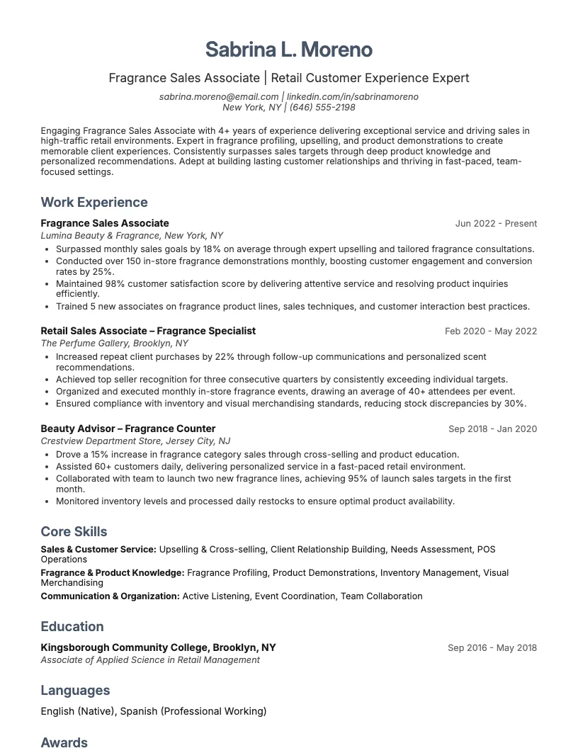Fragrance Sales Associate Resume Example