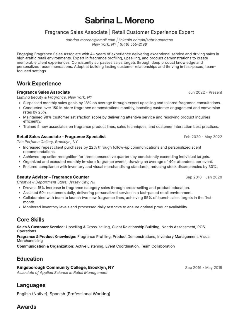 Fragrance Sales Associate Resume Example