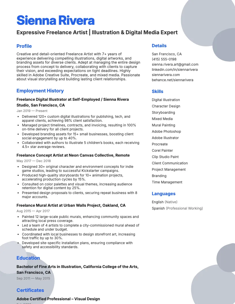 Freelance Artist Resume Example
