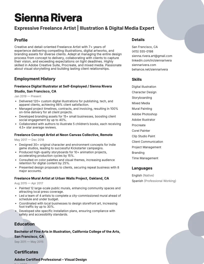 Freelance Artist Resume Example