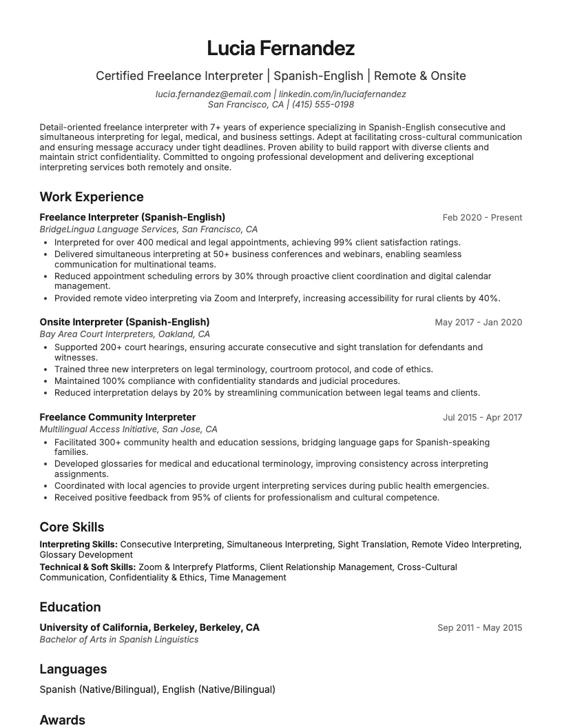 Freelance Interpreter Resume Example
